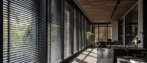 black venetian blinds installed on the windows of an office